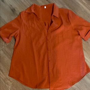 Cotton linen button front collared shirt top L large orange